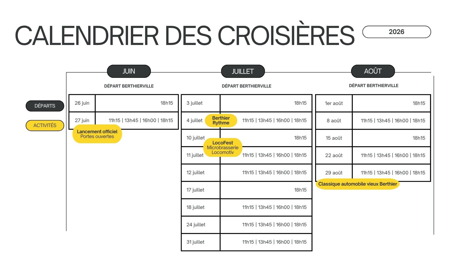 CALENDRIER CROISIÈRES 2026